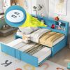 Metal Twin Size Daybed with Twin Size Trundle, Storage Shelves and USB Ports, Blue - as Pic