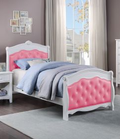 White Twin Size Bed Youth Bedroom Furniture Pink Faux Leather Headboard Footboard Plywood 1pc Bedframe - as Pic