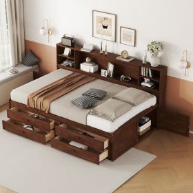 Full Size Wooden Captain Bed with Built-in Storage Shelves, 4 Drawers and 2 Cabinets, Antique Brown - as Pic