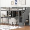 Twin Size Loft Bed Frame with Storage Staircase and Double Desks and Shelves,Gray - as Pic