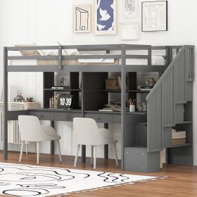 Twin Size Loft Bed Frame with Storage Staircase and Double Desks and Shelves,Gray - as Pic