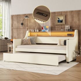 Twin Size Daybed with Trundle, Upholstered Daybed with Charging Station and LED Lights, White (Expect arrive date:May 20th. ) - as Pic