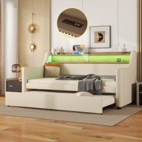 Twin Size Daybed with Trundle, Upholstered Daybed with Charging Station and LED Lights, Beige (Expect arrive date:May 20th.) - as Pic