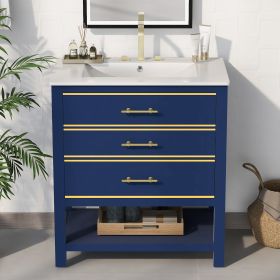 [Viedo]Modern 30inch Navy Blue/White Bathroom Vanity Cabinet Combo with Open
Storge, Two Drawers - as Pic