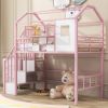 Metal Loft Bed with roof design and a storage box, Twin, Pink - as Pic