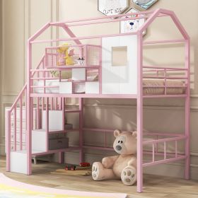 Metal Loft Bed with roof design and a storage box, Twin, Pink - as Pic