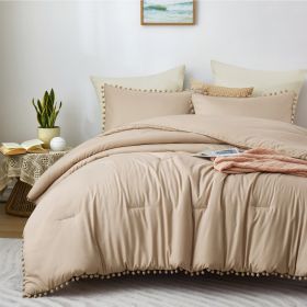 Boho Comforter Set, Boho Bedding set with Pom Poms Fringe Design, 1 Aesthetic Comforter and 2 Pillowshams - Beige - Full