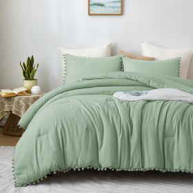 Boho Comforter Set, Boho Bedding set with Pom Poms Fringe Design, 1 Aesthetic Comforter and 2 Pillowshams - Sage Green - Full