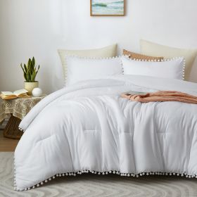 Boho Comforter Set, Boho Bedding set with Pom Poms Fringe Design, 1 Aesthetic Comforter and 2 Pillowshams - White - Full