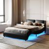 Queen Size Upholstered Faux Leather Platform Bed with LED Light Bed Frame with Slatted - Black - as Pic