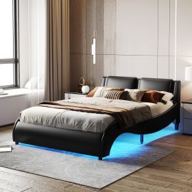 Queen Size Upholstered Faux Leather Platform Bed with LED Light Bed Frame with Slatted - Black - as Pic