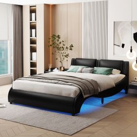 Full Size Upholstered Faux Leather Platform Bed with LED Light Bed Frame with Slatted - Black - as Pic