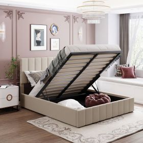 Queen size Upholstered Platform bed with a Hydraulic Storage System - Beige - pic