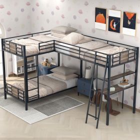 L-Shaped Twin over Twin Bunk Bed with Twin Size Loft Bed with Desk and Shelf ,Brown - as pic