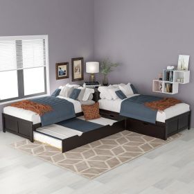 L-shaped Platform Bed with Trundle and Drawers Linked with built-in Desk,Twin,Espresso - as pic