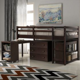 Low Study Twin Loft Bed with Cabinet and Rolling Portable Desk - Espresso (OLD SKU :LP000113AAP) - as pic