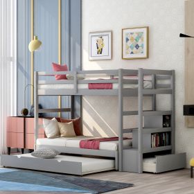 Twin over Twin/King (Irregular King Size) Bunk Bed with Twin Size Trundle, Extendable Bunk Bed (Gray)(OLD SKU :LP000032AAE) - as pic