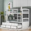 Twin over Twin Wood Bunk Bed with Trundle and Drawers,White - as pic