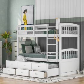 Twin over Twin Wood Bunk Bed with Trundle and Drawers,White - as pic