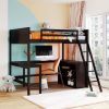 Full size Loft Bed with Shelves and Desk, Wooden Loft Bed with Desk - Espresso - as pic
