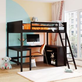 Full size Loft Bed with Shelves and Desk, Wooden Loft Bed with Desk - Espresso - as pic