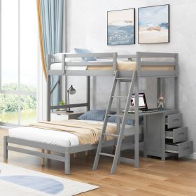 Twin over Full Bunk Bed with Built-in Desk and Three Drawers,Grey - as pic