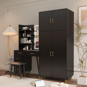 Makeup Vanity Table and Large Armoire Wardrobe Set, Dressing Table with LED Mirror and Power Outlets and 5 Drawers, 4 Door Bedroom Closet, Black - As