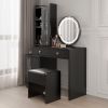 Modern Makeup Vanity Table Set with Side Cabinet and LED Mirror, Retractable Dressing Table with Power Outlets, 3 Light Colors - As shown in the figur