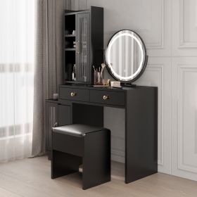 Modern Makeup Vanity Table Set with Side Cabinet and LED Mirror, Retractable Dressing Table with Power Outlets, 3 Light Colors - As shown in the figur