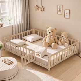 Full Size Floor Platform Bed with Fence and Door for Kids, Montessori Floor Bed Frame with Support Slats for Toddlers, Wooden Floor Bed Natural - as P