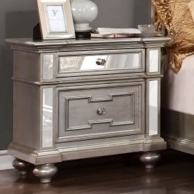 Glam 1pc Nightstand Silver Solid Wood Mirror Panel Accents Bedroom Furniture Crystal-like Acrylic Drawer Pulls Bun Feet Bedside Table - as Pic