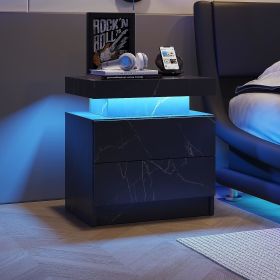 Nightstand LED Bedside Table Cabinet Lights Modern End Side with 2 Drawers for Bedroom (Black Gold) - as Pic