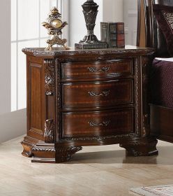 Formal Traditional 1pc Nightstand Only Brown Cherry Solid wood 3-Drawers Intricate Accents Glides Bronze Hanging Pulls Bedroom Furniture - as Pic