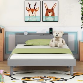 Modern Design Twin Size Platform Bed Frame with Built-in USB port for Grey Color - as Pic