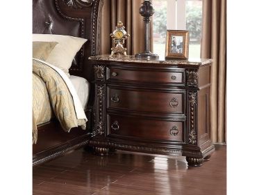 1Pc Traditional Style End Table 3-Drawer Nightstand with Marble Top Rich Brown Cherry Finish Solid Wood Wooden Bedroom - as Pic