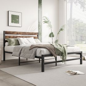 Full Size Platform Bed Frame with Rustic Vintage Wood Headboard, Strong Metal Slats Support Mattress Foundation, No Box Spring Needed Rustic Brown - a