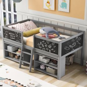 Twin Size Low Loft Bed with Two Movable Shelves and Ladder,with Decorative Guardrail Chalkboard,Gray(Old SKU: WF283286AAE) - as Pic