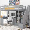 Twin Size Loft Bed with L-Shaped Desk and Drawers, Cabinet and Storage Staircase, Gray - as Pic