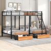 Full Over Twin & Twin Bunk Bed, Metal Triple Bunk Bed with Drawers and Guardrails, Black - as Pic