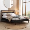 Modern Cannage Rattan Wood Platform Queen Bed, Black - as Pic