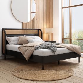 Modern Cannage Rattan Wood Platform Queen Bed, Black - as Pic