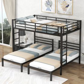 Full over Twin&Twin Size Bunk Bed with Built-in Shelf, Black - as Pic