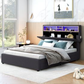 Full Size Upholstered Platform Bed with Storage Headboard, LED, USB Charging and 2 Drawers, Dark Gray - as Pic