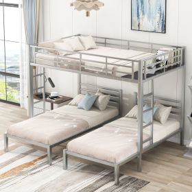 Full over Twin&Twin Size Bunk Bed with Built-in Shelf, Silver - as Pic