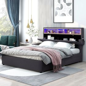 Queen Size Upholstered Platform Bed with Storage Headboard, LED, USB Charging and 2 Drawers, Dark Gray - as Pic