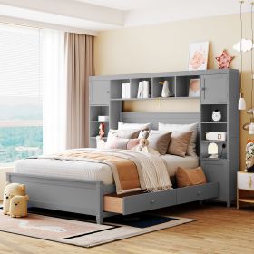 Full Size Wooden Bed With All-in-One Cabinet and Shelf, Gray - as Pic