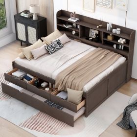Full Size Wooden Captain Bed with Built-in Bookshelves,Three Storage Drawers and Trundle,Antique Grey - as Pic
