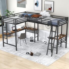 Twin Size Metal Loft Bed with Two Built-in Desks,Black - as Pic