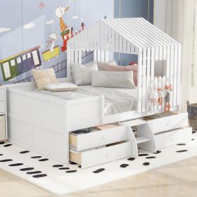 Full Size House Low Loft Bed with Four Drawers,White - as Pic