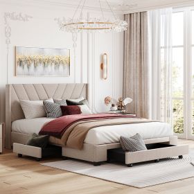Queen Size Storage Bed Linen Upholstered Platform Bed with 3 Drawers (Beige) - as Pic